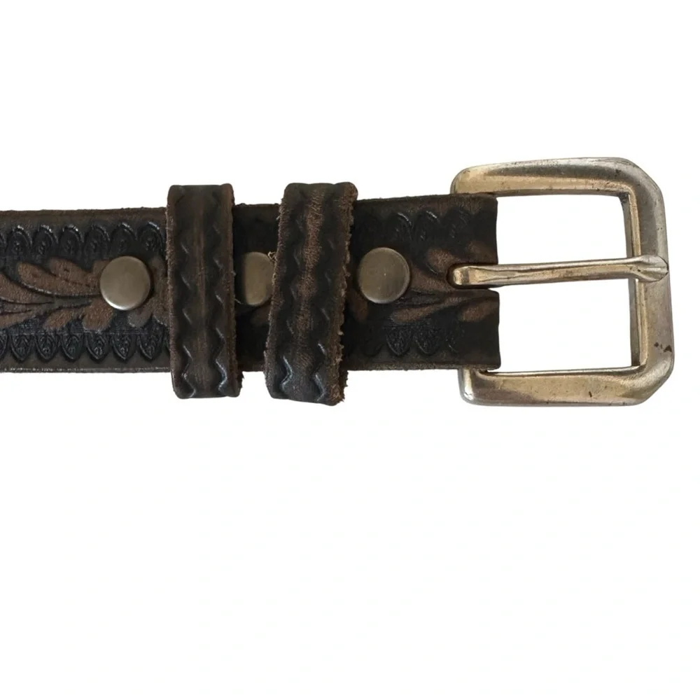 Lucky Brand Brown Tooled Leather Floral Belt with Silver Buckle